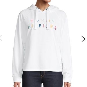 Tommy Hilfiger Embroidered Raglan-Sleeve Hoodie - White / Rainbow Lettering - L